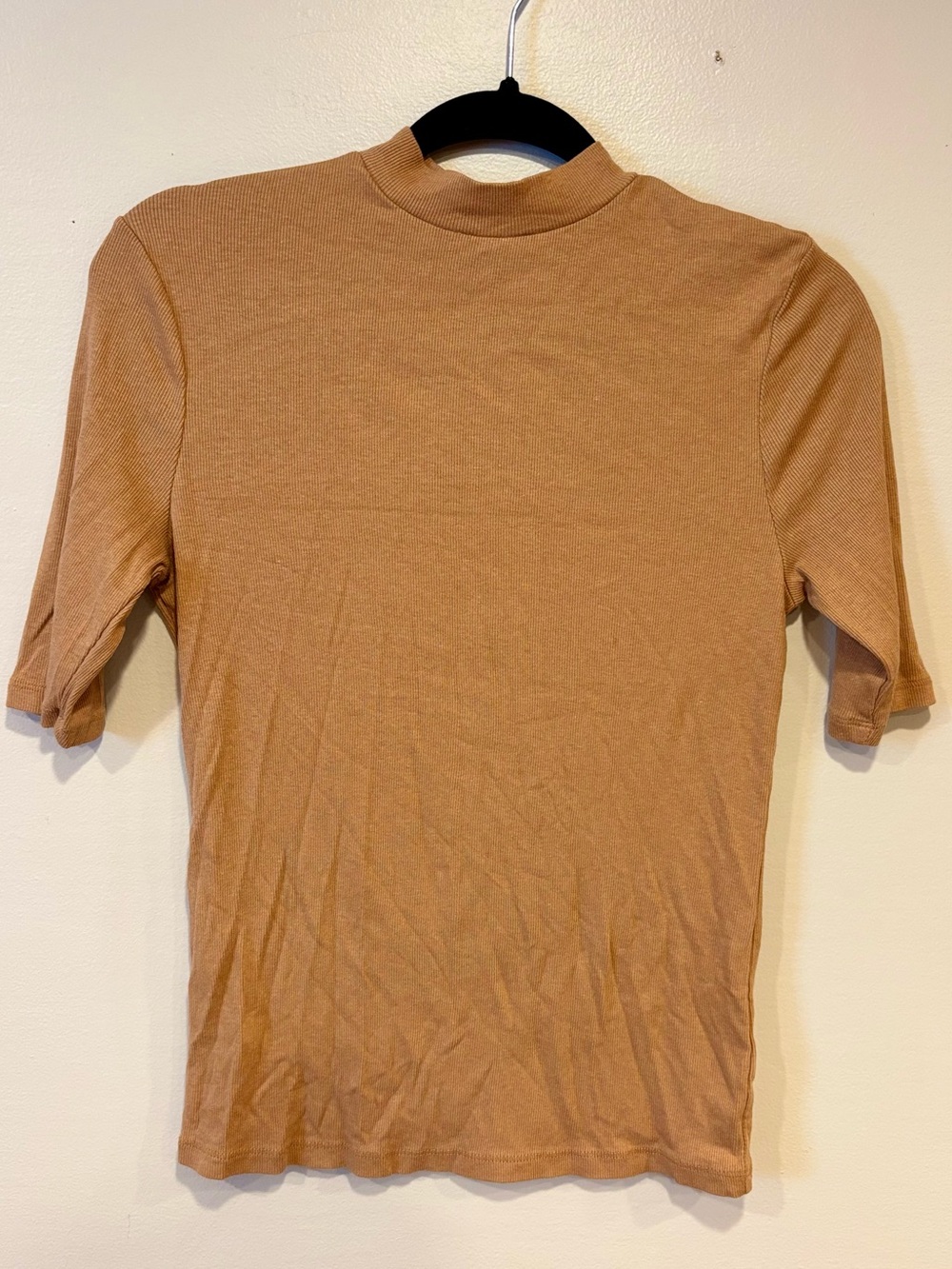 A New Day Tan Ribbed Mock Neck 3/4 Length Sleeves Casual Top Women's Small